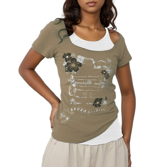 Jamsmile Womens T-Shirts Vintage Y2K Cutout Neck Two Piece Design Short Sleeve Tshirts Summer Short Crop Tops Slim Tees Shirts