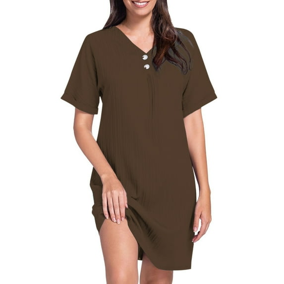 Jamsmile Womens Tshirts Dress Summer V Neck Solid Colour Pullovers Comfortable Casual Button Down Loose Fit A-Line Mini Dress