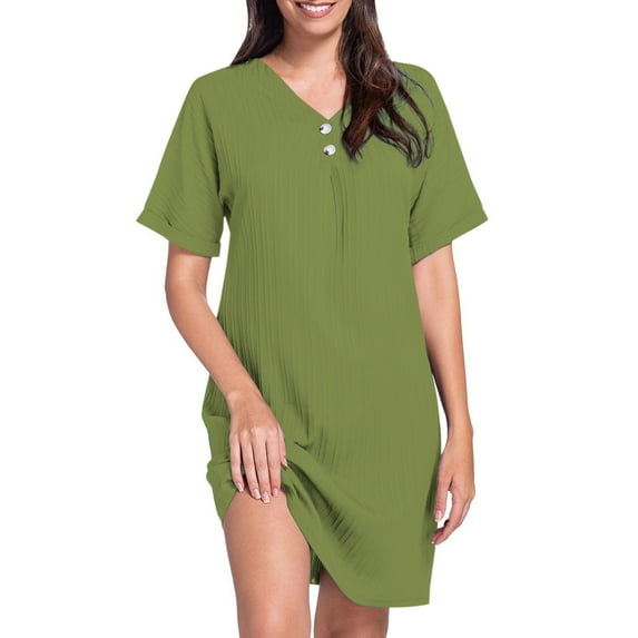 Jamsmile Womens Tshirts Dress Summer V Neck Solid Colour Pullovers Comfortable Casual Button Down Loose Fit A-Line Mini Dress