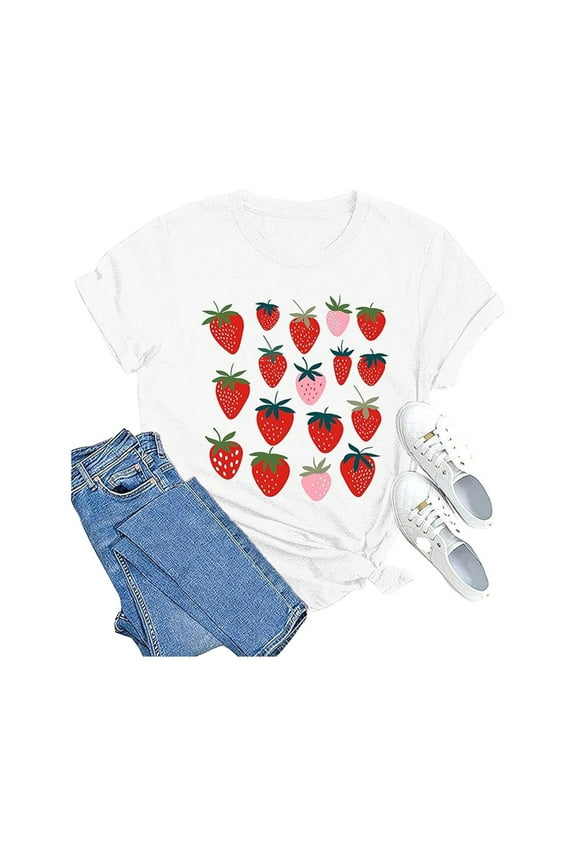 Jamsmile Womens Tshirts Ladies Comfortable Casual Round Neck Strawberry Print Tshirts Summer Athletic Tee O-Neck Loose Tops