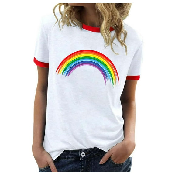 Jamsmile Womens Tshirts Summer Rainbow Print Crew Neck Short Sleeve Tshirts Tops For Women Casual Basic Loose Tees Shirts Summer Clothes