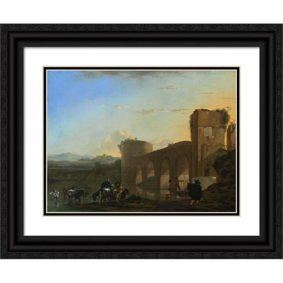 Jan Asselijn 14x12 Black Ornate Wood Framed Double Matted Museum Art Print Titled: The Tiber River with the Ponte Molle at Sunset (C. 1650)