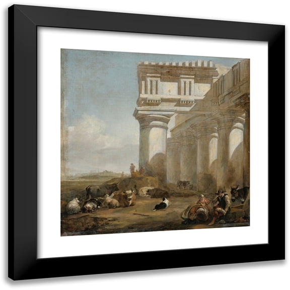 Jan Baptist Weenix 12x12 Black Modern Framed Museum Art Print Titled - A Roman Temple with Cattle Herders
