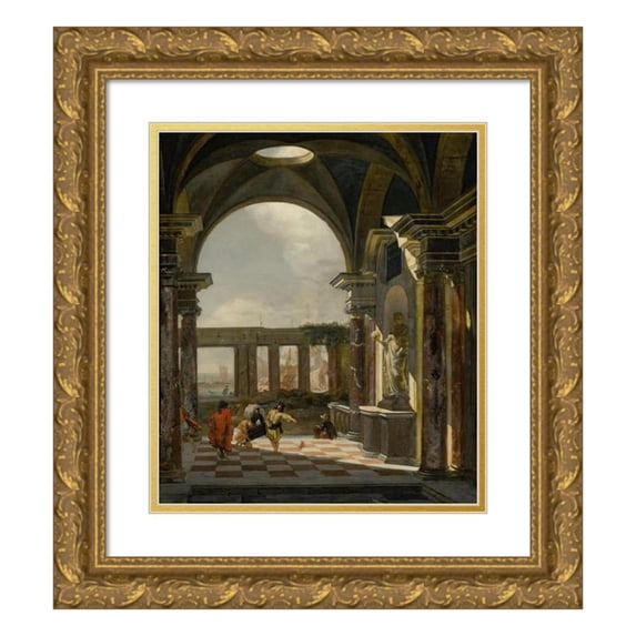 Jan Baptist Weenix 12x14 Gold Ornate Wood Frame and Double Matted Museum Art Print Titled - Architectural Interior with Foreign Shippers, Ruins and a Shipyard Beyond