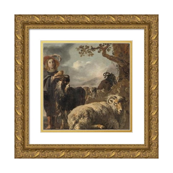 Jan Baptist Weenix 15x15 Gold Ornate Wood Frame and Double Matted Museum Art Print Titled - Shepherd Boy with Sheep and Goats