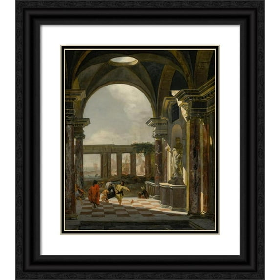 Jan Baptist Weenix 20x23 Black Ornate Framed Double Matted Museum Art Print Titled: Architectural Interior with Foreign Shippers, Ruins and a Shipyard Beyond