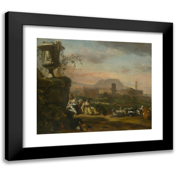 Jan Baptist Weenix 23x20 Black Modern Framed Museum Art Print Titled - Roman Landscape with Shepherds (1648-50)
