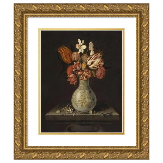 Jan Baptist van Fornenburgh 15x18 Gold Ornate Wood Frame and Double Matted Museum Art Print Titled - Still Life with Tulips, Crocuses, Primroses and Other Flowers in a Vase on a Stone Plinth