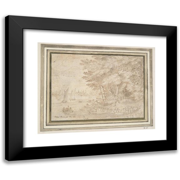 Jan Brueghel The Elder 14x12 Black Modern Framed Museum Art Print Titled - Wooded Shore with People Embarking in Boats (Late 16th-Early 17th&nbsp;Century)