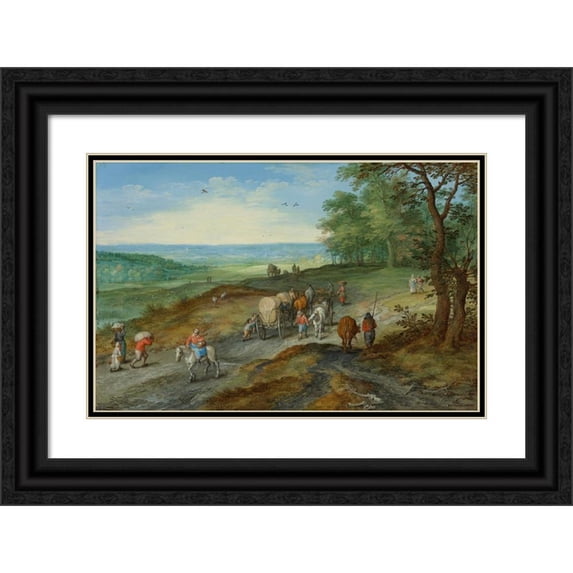 Jan Brueghel The Elder 18x13 Black Ornate Wood Framed Double Matted Museum Art Print Titled - A Panoramic Landscape with a Covered Wagon and Travelers on a Highway (1612)