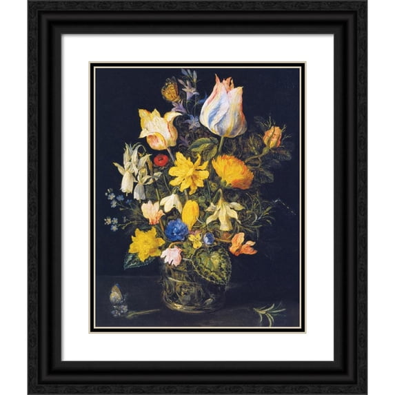 Jan Brueghel The Elder Workshop 12x14 Black Ornate Wood Framed Double Matted Museum Art Print Titled: Still Life with Bouquet of Flowers (ca. 1610 - 1625)