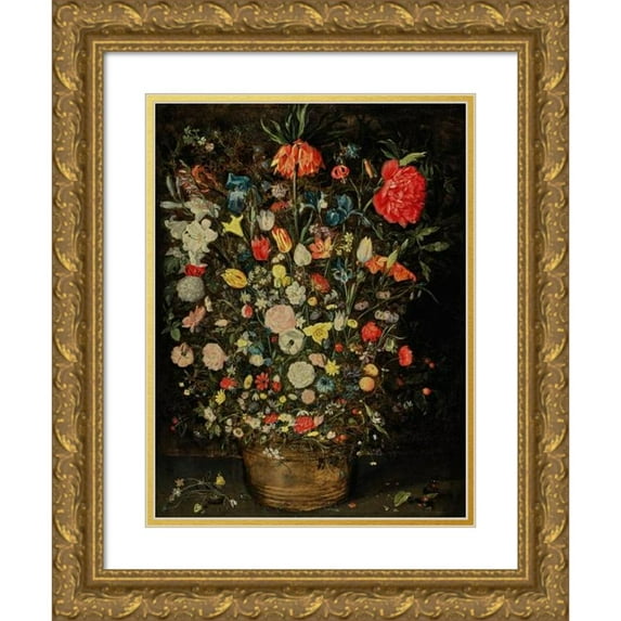 Jan Brueghel the Younger 12x14 Gold Ornate Wood Frame and Double Matted Museum Art Print Titled - Still Life with a Large Bouquet of Flowers in a Wooden Bucket