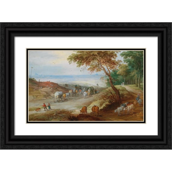 Jan Brueghel the Younger 18x13 Black Ornate Wood Framed Double Matted Museum Art Print Titled - An Extensive Hilly Landscape with Travellers on a Path and Cattle in the Foreground