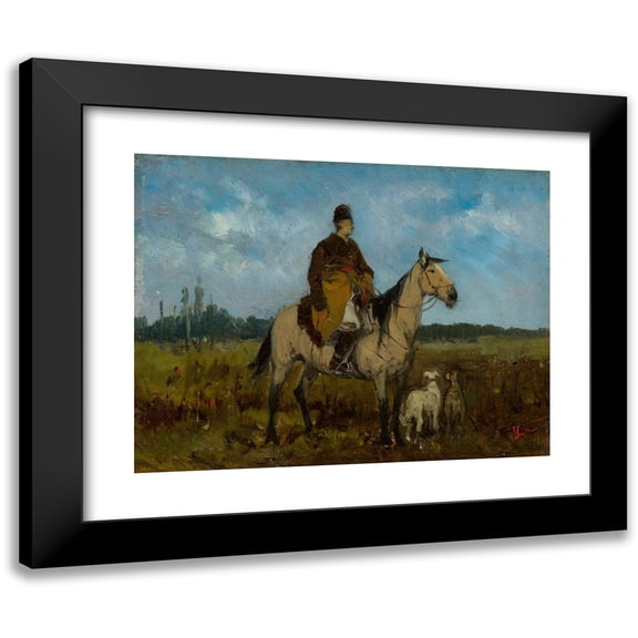Jan Chełmiński 14x12 Black Modern Framed Museum Art Print Titled - Rider on Horseback with Greyhounds (1873)