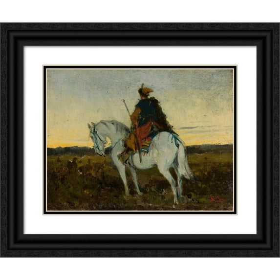 Jan Chełmiński 24x19 Black Ornate Framed Double Matted Museum Art Print Titled: Oriental Rider on a White Horse (1873)