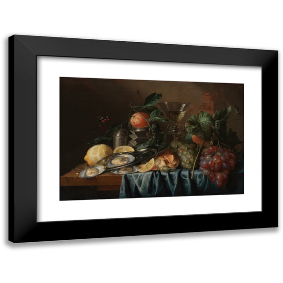 Jan Davidsz de Heem 14x11 Black Modern Framed Museum Art Print Titled - Still Life with Oysters and Grapes (1653)
