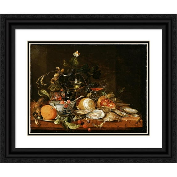 Jan Davidsz de Heem 18x15 Black Ornate Wood Framed Double Matted Museum Art Print Titled - Still Life with Wine, Fruit and Oysters