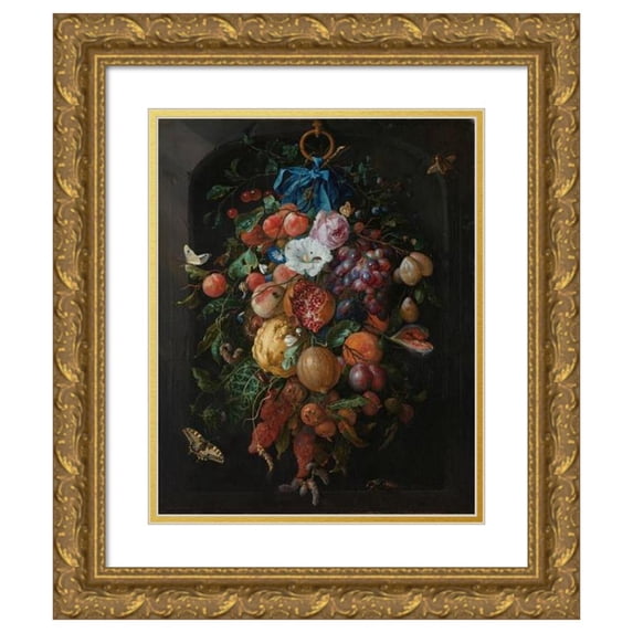 Jan Davidsz de Heem 20x24 Gold Ornate Framed and Double Matted Museum Art Print Titled - Festoon of Fruit and Flowers (1660 - 1670)