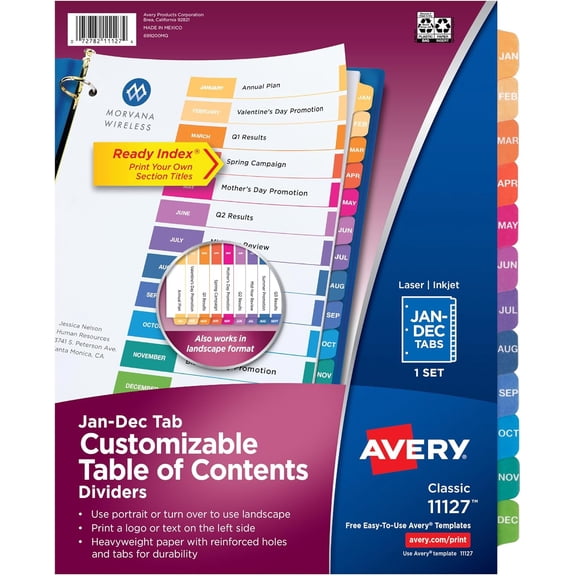 Jan-Dec Dividers for 3 Ring Binders, 12 Tabs per Set, Customizable Table of Contents, Multicolor Tabs, Great for Organizing Reports, Projects, and More (11127)