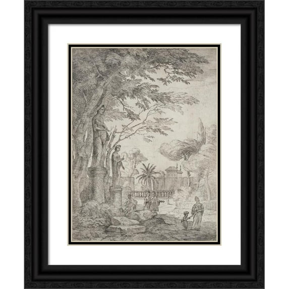 Jan Frans Van Bloemen 12x14 Black Ornate Wood Framed Double Matted Museum Art Print Titled: Garden Scene with Two Statues (Garden of the Villa Medici) (circa 1710-1720)