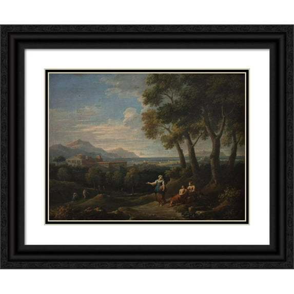 Jan Frans Van Bloemen 14x12 Black Ornate Wood Framed Double Matted Museum Art Print Titled: Landscape with a Genre Scene