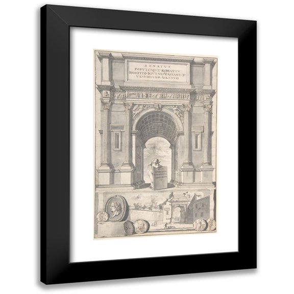 Jan Goeree 11x14 Black Modern Framed Museum Art Print Titled - A Reconstruction of the Arch of Titus (Above) and a View of the Ruins (Below) (Before 1704)
