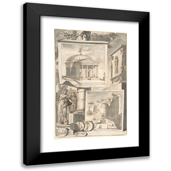 Jan Goeree 11x14 Black Modern Framed Museum Art Print Titled - A Reconstruction of the Templum Isis (Above) and a View of the Ruins (Below) (Before 1704)