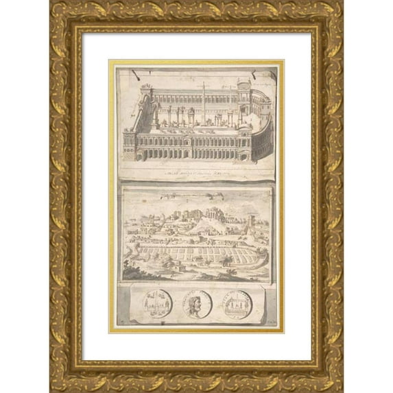 Jan Goeree 11x14 Gold Ornate Wood Frame and Double Matted Museum Art Print Titled - Reconstruction of the Circus Maximus (Above) and a View of the Site (Below) (Before 1704)