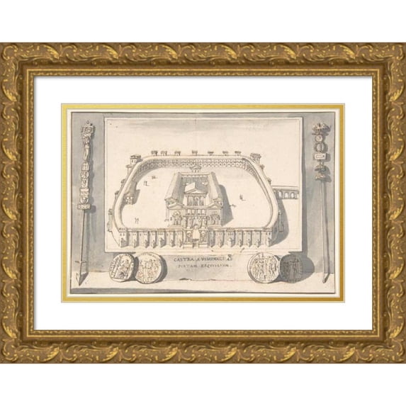 Jan Goeree 14x11 Gold Ornate Wood Frame and Double Matted Museum Art Print Titled - A Reconstruction of a Castle on the Viminal Hill at the Esqualine Gate (Before 1704)