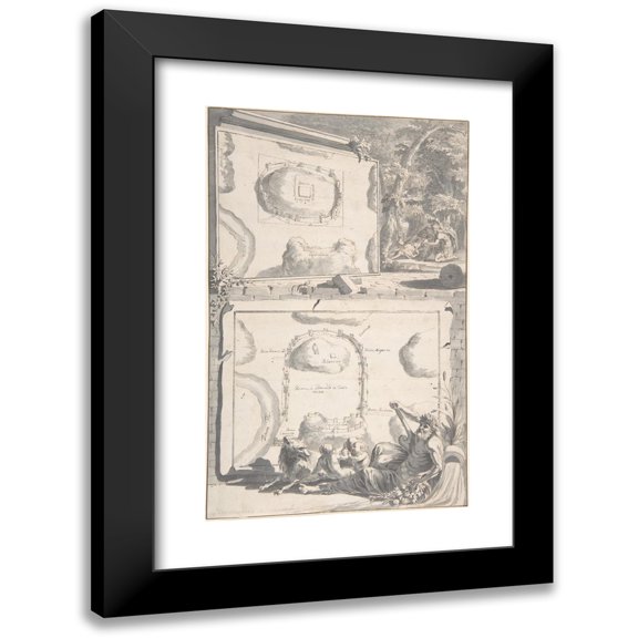Jan Goeree 16x24 Black Modern Framed Museum Art Print Titled - Two Maps of Ancient Rome with a River God and Romulus and Remus (Before 1704)