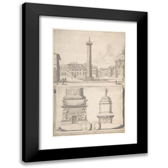 Jan Goeree 17x24 Black Modern Framed Museum Art Print Titled - A View of the Column of Trajan (Above) with Details (Below) (Before 1704)