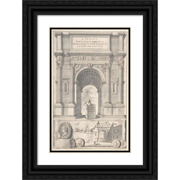 Jan Goeree 17x24 Black Ornate Framed Double Matted Museum Art Print Titled: A Reconstruction of the Arch of Titus (Above) and a View of the Ruins (Below) (Before 1704)