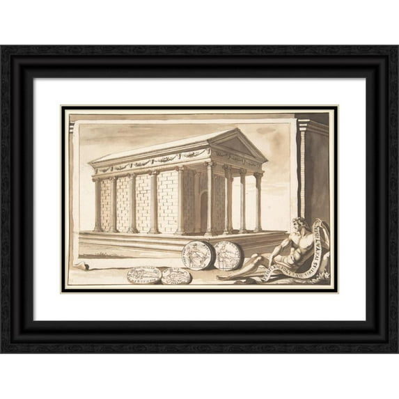 Jan Goeree 24x17 Black Ornate Framed Double Matted Museum Art Print Titled: A Reconstruction of the Temple of Fortuna (Before 1704)