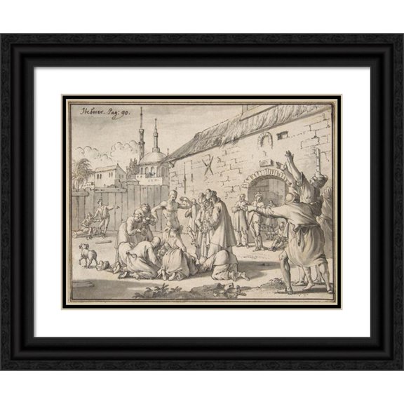 Jan Goeree 24x19 Black Ornate Framed Double Matted Museum Art Print Titled: An Islamic Prophet Appearing in the Courtyard of a Prison in Alexandria (1706)