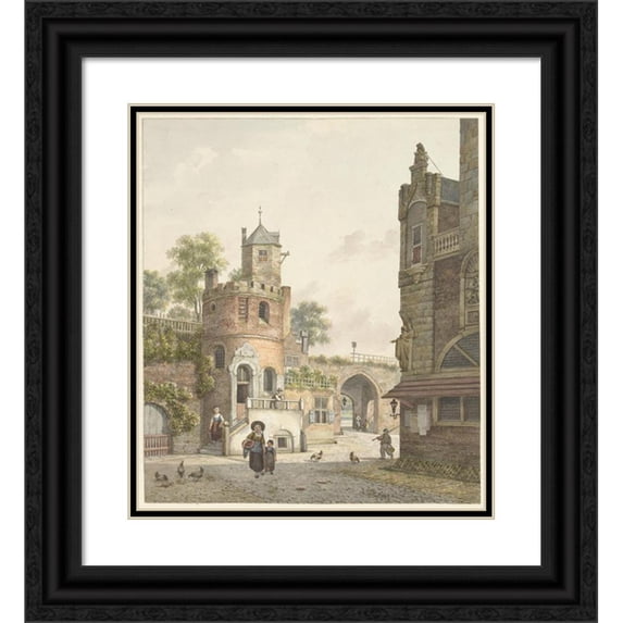 Jan Hendrik Verheijen 12x14 Black Ornate Wood Framed Double Matted Museum Art Print Titled: City Wall with a Tower and a Gate, Seen from the Inside (1788 - 1846)
