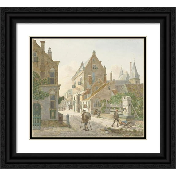 Jan Hendrik Verheijen 14x12 Black Ornate Wood Framed Double Matted Museum Art Print Titled: De Waardpoort and the Oude Gracht in Utrecht (1814)