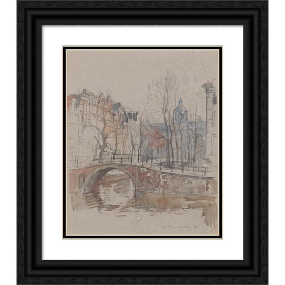 Jan Hoynck van Papendrecht 12x14 Black Ornate Wood Framed Double Matted Museum Art Print Titled: De Warmoesgracht (1894)