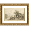 thumbnail image 1 of Jan Hulswit 18x13 Gold Ornate Wood Frame and Double Matted Museum Art Print Titled - Landscape with Bridge and House Aan Weeg Along a Water (1776 - 1822), 1 of 4