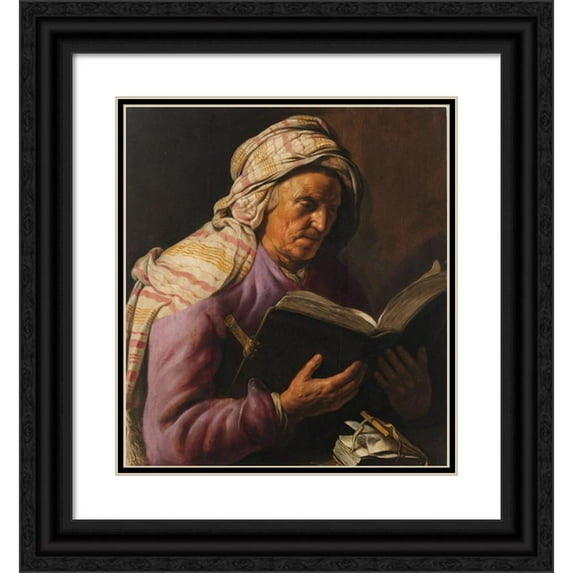 Jan Lievens 20x22 Black Ornate Framed Double Matted Museum Art Print Titled: Old Woman Reading (1626 - 1633)