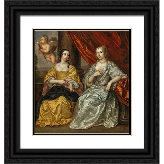 Jan Mijtens 12x13 Black Ornate Wood Framed Double Matted Museum Art Print Titled: A Portrait of Two Noblewomen with Cupid