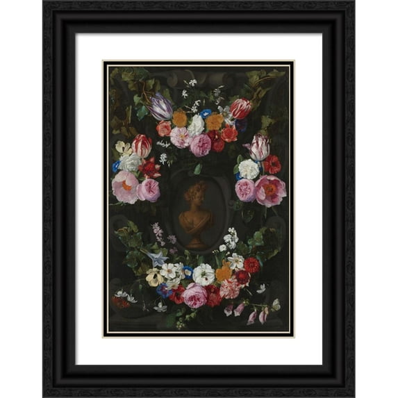 Jan Philips van Thielen 11x14 Black Ornate Wood Framed Double Matted Museum Art Print Titled: Cartouche Decorated with Swags and Sprays of Flowers (1665)