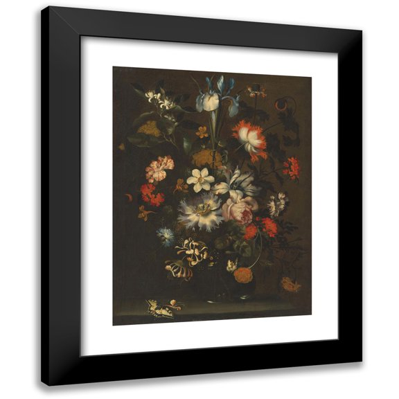 Jan Pieter Brueghel 12x14 Black Modern Framed Museum Art Print Titled - An Iris, Carnations, Roses and Other Flowers in a Glass Vase on a Ledge with Butterflies