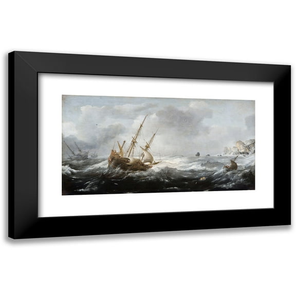 Jan Porcellis 14x9 Black Modern Framed Museum Art Print Titled - Ships in a Storm on a Rocky Coast (1614 - 1618)