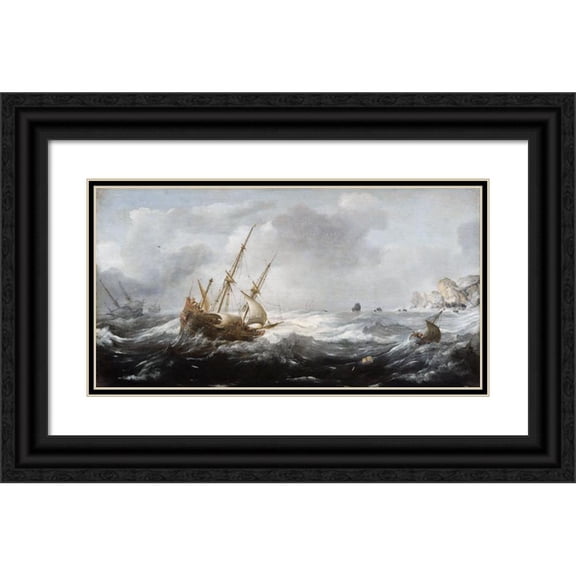 Jan Porcellis 24x14 Black Ornate Framed Double Matted Museum Art Print Titled: Ships in a Storm on a Rocky Coast (1614 - 1618)