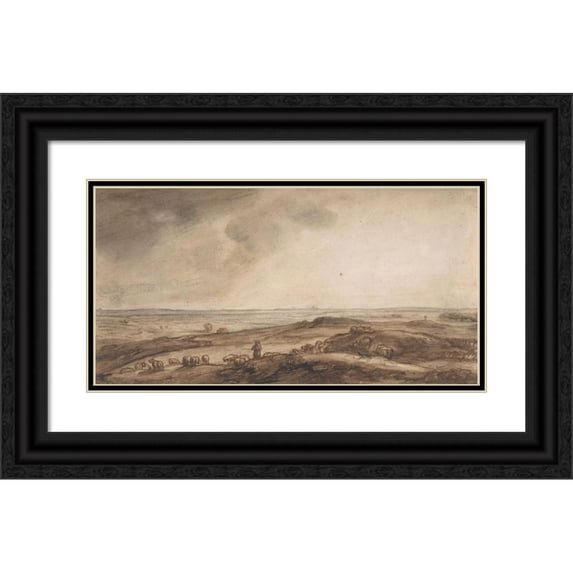 Jan Ruischer 24x14 Black Ornate Framed Double Matted Museum Art Print Titled: A Panoramic Landscape with a Herdsman and His Flock (17th Century)