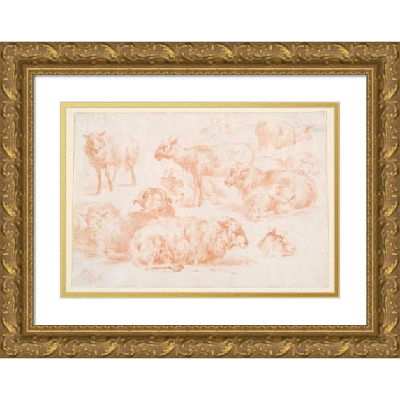 Jan Ryks 18x14 Gold Ornate Wood Frame and Double Matted Museum Art Print Titled - Studies Of Sheep