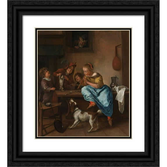 Jan Steen 12x14 Black Ornate Wood Framed Double Matted Museum Art Print Titled: Children Teaching a Cat to Dance, Known as ‘The Dancing Lesson’ (1660 - 1679)