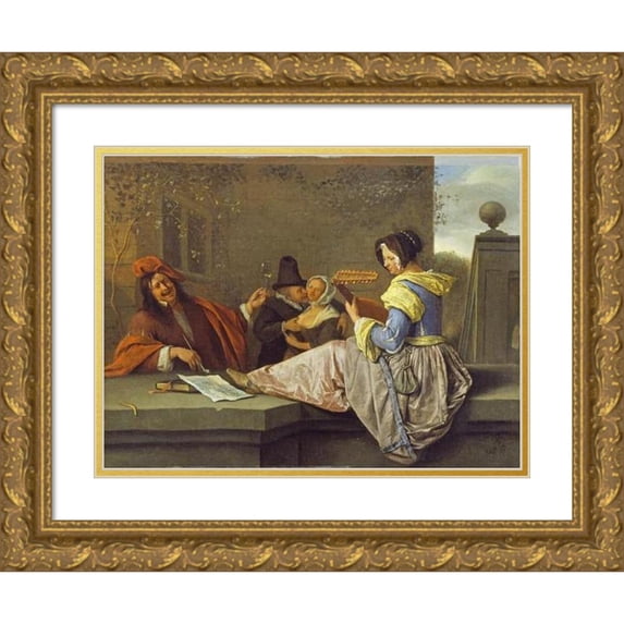 Jan Steen 18x15 Gold Ornate Wood Frame and Double Matted Museum Art Print Titled - The Lute Player (C. 1670)