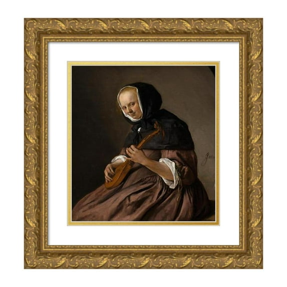 Jan Steen 20x22 Gold Ornate Framed and Double Matted Museum Art Print Titled - Woman Playing the Cittern (C. 1662)