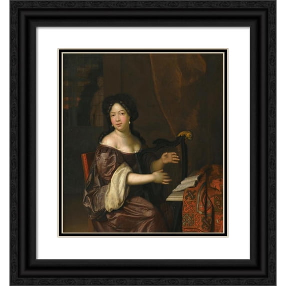 Jan Tilius 12x13 Black Ornate Wood Framed Double Matted Museum Art Print Titled: A Young Lady Playing the Harp